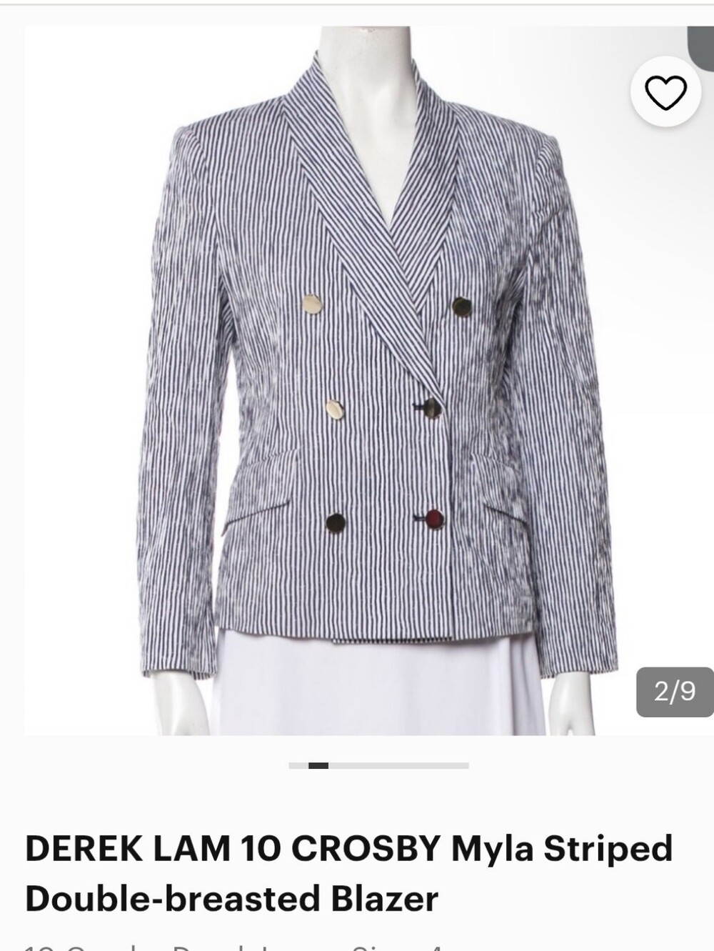 10 Crosby Derek Lam Myla Navy and White Striped Double-Breasted Blazer SZ 8